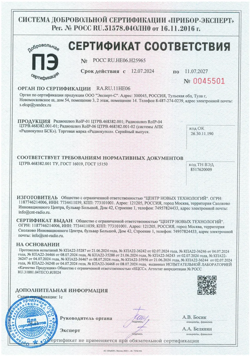 Сертификат соответствия радиошлюзов